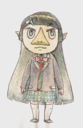 1girl :3 alternate_species beak black_hair black_jacket blazer blue_eyes blue_skirt blunt_bangs blunt_ends bow bowtie chibi closed_mouth full_body highres jacket long_hair long_sleeves looking_at_viewer mokobo_(motbtkt) nijisanji nintendo painting_(medium) parody pink_bow pink_bowtie plaid_clothes plaid_skirt pointy_ears rito sanpaku skirt solo standing style_parody the_legend_of_zelda the_legend_of_zelda:_the_wind_waker thighhighs traditional_media tsukino_mito tsukino_mito_(1st_costume) v-shaped_eyebrows very_long_hair virtual_youtuber watercolor_(medium) white_background white_thighhighs