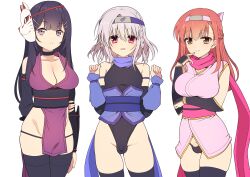1boy 2futa absurdres asuka_minato black_choker black_leotard black_panties black_sleeves black_thighhighs breasts brown_eyes bulge character_request check_character choker cleavage closed_mouth commission cowboy_shot crossdressing detached_sleeves forehead_protector futanari grey_hair hair_between_eyes hair_ornament hairclip highres hokuro_ryuuseigun japanese_clothes kimono large_breasts leotard long_hair looking_at_viewer mask mask_on_head medium_hair mouth_mask multiple_futa ninja ninja_(tera_online) ninja_mask open_mouth orange_hair otome_domain panties pelvic_curtain pink_scarf pixiv_commission purple_eyes purple_hair purple_scarf red_eyes scarf short_kimono simple_background smile thighhighs trap underwear watashi_no_hatsukoi_wa_hazukashisugite_dare_ni_mo_ienai white_background yasumi_kaede