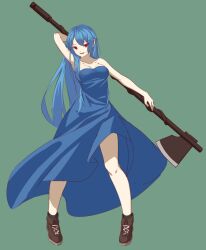 1girl axe bare_shoulders battle_axe blue_dress blue_hair brown_shoes collarbone cross-laced_footwear degtyaryov2952 dress enri_louvre full_body green_background holding holding_axe holding_weapon long_hair looking_at_viewer naraku naraku_2 red_eyes shoes smile solo strapless strapless_dress tube_dress weapon