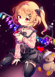 1girl alternate_costume black_collar black_nails black_skirt black_thighhighs blonde_hair blood blood_bag blunt_bangs bow chain collar collared_shirt commentary flandre_scarlet frilled_shirt_collar frilled_skirt frills full_body hair_bow hair_ornament hairclip heart heart_hair_ornament heart_necklace jewelry kurisu_toshi laevatein_(tail) long_hair long_sleeves looking_at_viewer nail_polish necklace one_side_up parted_lips pink_shirt pointy_ears red_eyes shirt sitting skirt solo stuffed_animal stuffed_toy symbol-only_commentary tail teddy_bear thighhighs touhou wariza wings