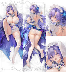 1girl absurdres alternate_breast_size arm_up ass asymmetrical_legwear blue_eyes blue_flower breasts cantarella_(wuthering_waves) closed_mouth commentary_request dakimakura_(medium) douya_(yaomiaomiao) dress earrings facial_mark feet fingernails flower garter_straps hair_flower hair_ornament hair_spread_out headdress heart heart_in_eye highres huge_breasts jewelry kneehighs legwear_cutout long_hair looking_at_viewer mark_under_eye median_furrow merchandise_available multiple_views nail_polish open_mouth panties partial_commentary purple_hair purple_nails shoulder_blades shrug_(clothing) signature single_garter_strap single_kneehigh single_sock single_thighhigh smile socks soles symbol_in_eye thighhighs thighs toes tongue tongue_out underwear uneven_legwear very_long_hair white_dress white_garter white_panties white_shrug white_socks white_thighhighs wuthering_waves