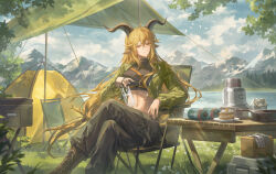 1girl ankle_boots arknights belt bird black_pants blonde_hair boots breasts brown_belt bush cake camping camping_chair chair cleavage closed_mouth cloud cropped_jacket cropped_shirt crossed_bangs crossed_legs cup day degenbrecher_(arknights) drinking_glass feet_out_of_frame flock folding_chair food grass hair_between_eyes helen_zzhao highres holding holding_cup horns jacket long_sleeves looking_at_viewer medium_breasts mountainous_horizon open_clothes open_jacket outdoors pants shoulder_belt sitting smile solo table teapot tent tree twitter_username yellow_eyes zipper