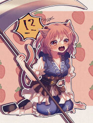 !? absurdres animal_ears blue_dress blush cat_ears cat_girl cat_tail coin commentary_request dress fang full_body highres holding holding_scythe kneeling konpota_(pixiv_113398422) obi onozuka_komachi open_mouth outline red_eyes sash scythe short_sleeves signature skin_fang strawberry_background tail touhou white_outline