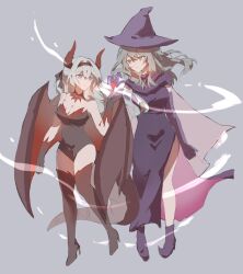 2girls alternate_universe black_boots black_gloves black_hairband black_leotard blue_dress blue_gloves blue_shoes boots breasts cleavage crystal dragon_horns dragon_tail dragon_wings dress elbow_gloves firefly_(honkai:_star_rail) gloves grey_background grey_hair hair_between_eyes hair_intakes hairband hat high_heels highres honkai:_star_rail honkai_(series) horns large_breasts leotard minutes_(minutes_draw) multiple_girls shoes simple_background stelle_(honkai:_star_rail) strapless strapless_leotard tail thigh_boots trailblazer_(honkai:_star_rail) wings witch_hat