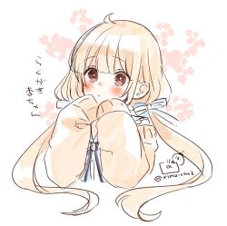 1girl blonde_hair blue_shirt blush bow brown_cardigan brown_eyes cardigan closed_mouth commentary_request cropped_torso futaba_anzu hair_bow idolmaster idolmaster_cinderella_girls idolmaster_cinderella_girls_starlight_stage long_hair looking_at_viewer low_twintails rino_cnc shirt simple_background sleeves_past_fingers sleeves_past_wrists solo striped_bow translation_request twintails twitter_username upper_body very_long_hair white_background