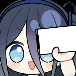 Rule 34 | 1girl, :d, animated, animated gif, aqua eyes, aris (blue archive), blue archive, blue archive the animation, blue hair, blue hairband, blush stickers, cellphone, chibi, chunye haruya, copyright logo, copyright name, dot nose, hair between eyes, hairband, holding, holding phone, long bangs, long hair, long hair between eyes, looking at viewer, lowres, one side up, open mouth, phone, portrait, second-party source, simple background, smartphone, smile, solo, transparent background, v-shaped eyebrows, white background
