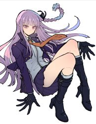 1girl black_gloves boots braid breasts brown_necktie collared_shirt danganronpa:_trigger_happy_havoc danganronpa_(series) gloves hair_ribbon high_heel_boots high_heels highres jacket kirigiri_kyoko knee_boots long_hair long_sleeves looking_at_viewer necktie open_clothes open_jacket purple_hair ribbon shirt side_braid skirt solo youko-shima