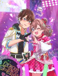 1boy 1girl bare_shoulders belt blush brown_hair concert couple delicious_party_precure dress earrings frilled_dress frilled_skirt frilled_sleeves frills gingham glowstick hair_ornament hairpin half_up_hair_twist hand_fan heart heart_hands highres idol in-franchise_crossover jacket jewelry kimi_to_idol_precure kome-kome light_rays long_hair long_sleeves miri_(crafimiri) nagomi_yui neon_lights one_eye_closed open_clothes open_jacket paper_fan parted_bangs precure ribbon shinada_takumi short_hair skirt stage twintails uchiwa