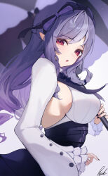 1girl :o absurdres black_nails bow braid breasts commentary frilled_sleeves frills from_side hair_bow half_up_braid highres holding holding_umbrella large_breasts long_hair long_sleeves looking_at_viewer multicolored_hair nail_polish parasol pisuke_(user_kcmh2774) pointy_ears purple_bow purple_hair purple_umbrella red_eyes sideboob sidelocks signature solo streaked_hair umbrella upper_body very_long_hair vivian_banshee white_background zenless_zone_zero