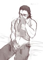 1boy absurdres billy_coen blush cum daggerarcadia closed_eyes greyscale handjob highres masterbate monochrome mullet open_pants pants penis pubic_hair resident_evil resident_evil_0 smelling tattoo