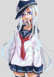 1girl anchor_symbol black_sailor_collar black_skirt blue_eyes blue_hair blue_hat blue_sailor_collar blue_skirt character_name commentary_request cowboy_shot cup flat_cap grey_background hair_between_eyes hat hibiki_(kancolle) highres kantai_collection kusomisoni long_hair long_sleeves looking_at_viewer mouth_hold neckerchief pleated_skirt red_neckerchief sailor_collar school_uniform serafuku simple_background skirt sleeves_past_fingers sleeves_past_wrists solo thighhighs very_long_hair