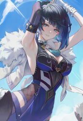 1girl absurdres armpits arms_up asymmetrical_gloves bare_shoulders black_gloves blue_hair blue_sky blush breasts choker cleavage dark_blue_hair diagonal_bangs dice earrings elbow_gloves fingerless_gloves fishnets fur-trimmed_jacket fur_trim genshin_impact gloves green_eyes hands_on_own_head highres hip_vent jacket jacket_on_shoulders jewelry large_breasts looking_at_viewer mismatched_gloves mole mole_on_breast muu_risa neck_tassel parted_lips single_elbow_glove single_fingerless_glove sky smile solo white_gloves yelan_(genshin_impact)
