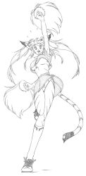 1girl animal_ears arm_up breasts cheerleader cropped_shirt furry furry_female greyscale hashtag-only_commentary highres kneehighs long_hair looking_at_viewer midriff miniskirt monochrome no_bra open_mouth original panties panty_peek pom_pom_(cheerleading) shirokuro_jakko shoes skirt sneakers socks solo tail tiger_girl tiger_tail underwear