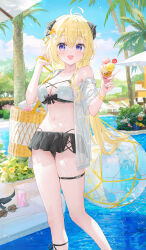 Rule 34 | 1girl, ahoge, bare shoulders, bikini, bikini skirt, black bikini, black skirt, blonde hair, breasts, cleavage, crepe, curled horns, day, food, front-tie bikini top, front-tie top, fuumi (radial engine), hands up, highres, holding, holding crepe, holding food, hololive, horns, long hair, looking at viewer, medium breasts, mismatched bikini, navel, off shoulder, open mouth, outdoors, purple eyes, sheep horns, shirt, skirt, smile, solo, stomach, string bikini, swimsuit, thigh strap, thighs, tsunomaki watame, very long hair, virtual youtuber, wet, white bikini, white shirt