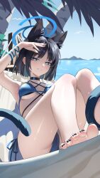 1girl absurdres animal_ear_fluff animal_ears bikini black_eyes black_hair black_nails blue_archive blue_bikini blush breasts cat_ears cat_girl cat_tail grin highres kikyou_(blue_archive) kikyou_(swimsuit)_(blue_archive) looking_at_viewer multiple_tails nail_polish official_alternate_costume shortofsugar smile solo sweat swimsuit tail toenail_polish toenails two_tails wendao