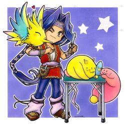 Rule 34 | 1boy, animal on arm, bird, bird on arm, blue background, blue hair, blue pants, boots, border, braid, brown boots, brown eyes, chibi, chibi only, closed mouth, comb, creature, folding table, full body, gold trim, hawkeye (seiken densetsu 3), headband, highres, holding, holding mirror, holding scissors, hori wo, light blush, looking at mirror, loose socks, male focus, mirror, one eye closed, pants, parted bangs, red tunic, scissors, seiken densetsu, seiken densetsu 3, short hair with long locks, single braid, smile, socks, standing, table, tunic, white border, white undershirt