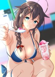 1girl bikini black_eyes blue_bikini blue_eyes braid breasts cleavage dessert feeding food front-tie_bikini_top front-tie_top hair_flaps highres kantai_collection long_hair looking_at_viewer medium_breasts official_alternate_costume parted_lips shiba_(zudha) shigure_(kancolle) shigure_kai_san_(kancolle) shigure_kai_san_(swimsuit)_(kancolle) side-tie_bikini_bottom single_braid solo spoon squatting swimsuit