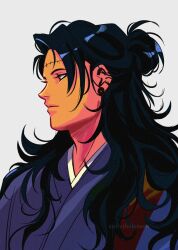 1boy adam&#039;s_apple andythelemon black_eyes black_hair earrings eyebrows eyelashes getou_suguru getou_suguru_(kenjaku) jewelry jujutsu_kaisen long_hair male_focus pale_skin piercing profile scar simple_background solo watermark white_background