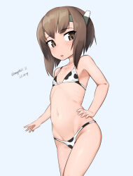 1girl absurdres animal_print bikini blue_background brown_eyes brown_hair cow_print cow_print_bikini dated flat_chest hand_on_own_hip headgear highres kantai_collection maru_(marg0613) one-hour_drawing_challenge print_bikini short_hair short_hair_with_long_locks simple_background solo swimsuit taihou_(kancolle) twitter_username white_bikini