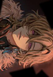 1boy aventurine_(honkai:_star_rail) blonde_hair earrings fur_trim hair_between_eyes highres honkai:_star_rail honkai_(series) jewelry looking_at_viewer male_focus parted_bangs parted_lips partially_shaded_face piercing pink_eyes shirt sideways single_earring solo teeth white_fur xo_5ss