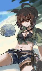 1girl agnes_tachyon_(umamusume) ahoge beach bikini black_bikini black_shorts breasts brown_hair brown_shirt cleavage cross-laced_bikini cross-laced_clothes ears_down eye_reflection fur-trimmed_shorts fur_trim hair_between_eyes hand_fan highres huge_ahoge medium_breasts navel ocean open_mouth pouch reflection shichiku shirt short_shorts short_sleeves shorts sleeves_rolled_up solo sweat swimsuit test_tube thigh_strap tied_shirt umamusume