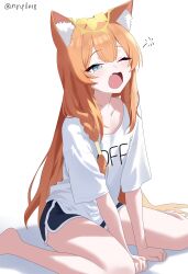 1girl absurdres animal_ear_fluff animal_ears black_shorts blue_archive blue_eyes braid cat_ears collarbone commentary hair_between_eyes halo highres long_hair mari_(blue_archive) mari_(track)_(blue_archive) one_eye_closed open_mouth orange_hair potgit shadow shirt short_shorts shorts simple_background sitting solo squeans twitter_username very_long_hair wariza white_background white_shirt yellow_halo