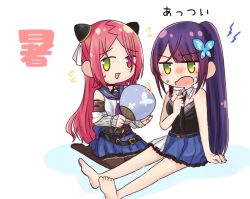 Rule 34 | 2girls, :3, :d, adjusting clothes, adjusting necktie, alternate hairstyle, annoyed, arm at side, arm belt, assault lily, bare arms, bare shoulders, barefoot, belt, belt buckle, black belt, black choker, black necktie, black shirt, blue background, blue sailor collar, blue skirt, blush, braid, breasts, brown pantyhose, buckle, butterfly hair ornament, choker, commentary, crop top, detached collar, detached sleeves, fanning, flying sweatdrops, foot out of frame, funada kiito, green eyes, grey shirt, hair ornament, hairpods, hand fan, hand up, hands up, heterochromia, high ponytail, holding, holding fan, hot, layered sleeves, lightning bolt symbol, long hair, long sleeves, looking ahead, looking at another, medium breasts, miniskirt, motion lines, multiple girls, neckerchief, necktie, nervous smile, nigari (ngari 0115), no jacket, no legwear, no pupils, no shoes, nose blush, o-ring, o-ring choker, o-ring thigh strap, odaiba girls high school uniform, open mouth, pantyhose, paper fan, parted bangs, pleated skirt, ponytail, purple hair, purple neckerchief, raised eyebrows, red eyes, red hair, sailor collar, school uniform, seiza, serafuku, shiba tomoshibi, shirt, side braid, single braid, sitting, skirt, sleeveless, sleeveless shirt, sleeves past wrists, smile, soles, strapless, strapless shirt, sweat, sweatdrop, thigh strap, translated, two-tone background, uchiwa, undershirt, v-shaped eyebrows, very long hair, white background, white shirt