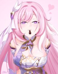 1girl absurdres artist_name breasts cleavage commentary_request corset diamond-shaped_pupils diamond_(shape) elf elysia_(herrscher_of_human:_ego)_(honkai_impact) elysia_(honkai_impact) food food_in_mouth heart highres honkai_(series) honkai_impact_3rd large_breasts long_hair looking_at_viewer pink_background pink_hair pocky pocky_in_mouth pointy_ears purple_eyes solo symbol-shaped_pupils thor_gdgd triquetra veil very_long_hair white_corset white_veil