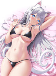 1girl :3 ahoge animal_ear_fluff animal_ears arm_behind_head arm_up armpits bikini black_bikini blue_eyes blue_nails blush breasts cat_ears cat_girl cat_tail cleavage grey_hair hair_between_eyes hair_ornament highres kogarashi_tobi large_breasts long_hair looking_at_viewer lying micro_bikini nail_polish navel on_back original signature skindentation smile solo swimsuit tail thighs x_hair_ornament