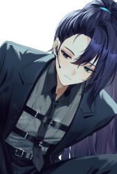 1boy aqua_eyes black_coat black_eyes black_necktie chest_harness closed_mouth coat collared_shirt earpiece full-stop_office_(identity)_(project_moon) grey_shirt harness heterochromia highres hong_lu_(project_moon) lapels limbus_company long_sleeves microphone necktie notched_lapels ponytail project_moon shirt simple_background sohdvh_khos_ph solo white_background