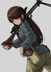1girl absurdres ammunition_pouch beidou_(genshin_impact) belt bipod breasts brown_hair canteen chinese_civil_war colored_eyepatch commentary commission earrings english_commentary eyepatch genshin_impact gun gun_sling hair_over_one_eye highres holding holding_gun holding_weapon jewelry light_machine_gun long_hair long_sleeves looking_at_viewer machine_gun magazine_(weapon) mardjan military_uniform one_eye_covered pouch red_eyes second-party_source single_earring smile solo star_(symbol) type_99_light_machine_gun variant_set weapon