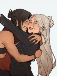 Rule 34 | 2girls, arms around neck, beidou (genshin impact), black bra, black hair, black jacket, blush, bra, burgyy, closed eyes, commentary, copyright request, couple, english commentary, fingernails, genshin impact, grin, half updo, happy, highres, hug, jacket, jewelry, long hair, long sleeves, multiple girls, mutual hug, ningguang (genshin impact), red lips, red tank top, ring, short hair, simple background, smile, standing, tank top, underwear, upper body, white background, white hair, wristband, yuri