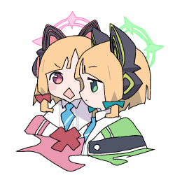2girls animal animal_ear_headphones animal_ears blonde_hair blue_archive blue_necktie bow fake_animal_ears green_eyes green_halo hair_bow halo headphones looking_at_viewer looking_to_the_side midori_(blue_archive) mmmkawaine momoi_(blue_archive) multiple_girls necktie open_mouth pink_eyes pink_halo white_background