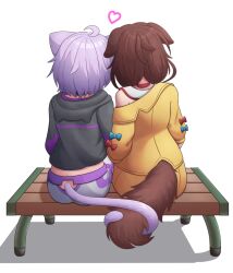 2girls animal_ears bench brown_hair brown_tail cat_girl cat_tail chiriwi clothing_cutout commentary_request dog_girl dog_tail facing_away from_behind heads_together heart hololive intertwined_tails inugami_korone inugami_korone_(1st_costume) multiple_girls nekomata_okayu nekomata_okayu_(1st_costume) on_bench purple_hair purple_tail resting single_off_shoulder sitting tail tail_through_clothes virtual_youtuber white_background wooden_bench yuri