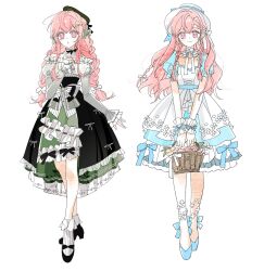 1girl artist_request blue_bow blue_dress blue_shoes blush bow braid breasts dress flower_swing frilled_dress frills full_body green_dress hair_bow hair_ornament highres long_hair long_sleeves looking_at_viewer magic_circuit momomiya_shizuku_(gaoyue_jixiang) multicolored_dress multiple_tails open_mouth original pastels pinafore_dress pink_eyes pink_hair print_ribbon puffy_short_sleeves puffy_sleeves ribbon seasons second-party_source shoes short_sleeves simple_background skirt sleeveless sleeveless_dress smile solo tail twin_braids twintails two-tone_dress two_tails white_background