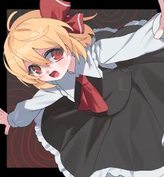 1girl :d absurdres ascot black_border black_skirt black_vest blonde_hair border commentary_request frilled_shirt_collar frilled_skirt frills hair_ribbon highres long_sleeves looking_at_viewer open_mouth outside_border outstretched_arms red_ascot red_eyes red_ribbon ribbon rumia shirt short_hair simple_background skirt skirt_set smile solo touhou vest white_shirt zabuzabu_zabuun
