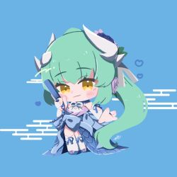 1girl aqua_bow ascot belt_bow blue_background blue_dress blue_shoes blush_stickers bow bridal_gauntlets chibi chibi_only detached_collar dragon_horns dress fate/grand_order fate_(series) flower folding_fan green_hair hair_flower hair_ornament hand_fan highres holding holding_fan horns kiyohime_(celebratory_attire)_(fate) kiyohime_(fate) ponytail purple_flower shoes simple_background solo strapless strapless_dress thighhighs white_ascot white_horns white_thighhighs yellow_eyes yue_cang87