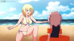2girls acefish animated artist_name audible_speech beach bikini blonde_hair blue_eyes blue_one-piece_swimsuit breasts cleavage cloud english_audio food_print fruit_print gawr_gura hair_ornament hololive hololive_english innertube invincible_(series) leaning_forward lemon_print medium_breasts medium_hair meme multiple_girls one-piece_swimsuit pointing pointing_at_viewer shark_hair_ornament silver_hair sky sound swim_ring swimsuit think_mark_think!_(meme) twitter_logo two_side_up v-shaped_eyebrows video virtual_youtuber watson_amelia youtube_logo