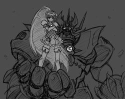 1girl aino_megumi crossed_arms crossover cure_lovely greyscale hamuten_(hmltzero) happinesscharge_precure! holding_person long_hair looking_at_viewer mazinger_(series) mazinkaiser mazinkaiser_(robot) mecha monochrome ponytail precure robot sketch super_robot very_long_hair