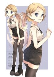 1girl ass bare_shoulders belt black_belt black_bow black_shorts black_thighhighs blonde_hair blush boots bow breasts closed_mouth collared_shirt eyelashes grey_eyes highres long_hair looking_at_viewer nintendo pokemon pokemon_xy serena_(pokemon) shirt shorts sleeveless sleeveless_shirt smile solo thighhighs white_shirt yomogi_(black-elf)