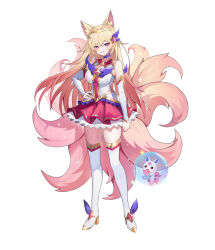 Rule 34 | 1girl, absurdres, ahri (league of legends), animal ears, blonde hair, elbow gloves, fingerless gloves, fox ears, fox girl, fox tail, gem, gloves, hair ornament, hand on own hip, highres, league of legends, magical girl, mascot, pelicana, pink gemstone, smile, sparkle, star guardian (league of legends), tail, thighhighs, white thighhighs