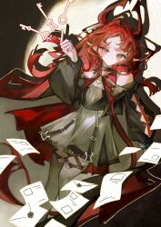 1girl arknights dress horns long_hair nymph_(arknights) red_eyes red_hair slit_pupils tail very_long_hair
