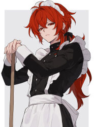 1boy alternate_costume apron black_pants black_shirt border broom brown_background buttons commentary_request crossdressing diluc_(genshin_impact) enmaided frilled_apron frills frown genshin_impact glaring half-closed_eyes highres long_sleeves looking_at_viewer maid maid_headdress male_focus pants ponytail red_eyes red_hair shirt simple_background solo tofu_(bean359) twitter_username waist_apron white_apron white_background