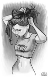 1girl arm_tattoo artist_name bottomless breasts ckincker cloud_tattoo commentary crop_top cropped_shirt english_commentary greyscale hair_tie hair_tie_in_mouth hip_tattoo jinx_(league_of_legends) league_of_legends monochrome mouth_hold navel shirt small_breasts solo stomach_tattoo t-shirt tattoo tying_hair upper_body