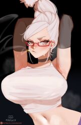1girl absurdres arm_behind_head armpit_crease armpits arms_up artist_name ayase_seiko beehive_hairdo black_background breasts choker cigarette commentary crop_top dandadan elbow_gloves frown glasses gloves grey_choker grey_gloves highres large_breasts long_hair looking_at_viewer maewix_(artist) mature_female midriff navel orange_eyes patreon_logo patreon_username red-framed_eyewear semi-rimless_eyewear shirt simple_background sleeveless sleeveless_shirt smoke smoking solo steaming_body sweat tall_hair taut_clothes taut_shirt under-rim_eyewear upper_body white_hair white_shirt