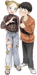 1boy 1girl :d badge belt black_pants blonde_hair blue_eyes bracelet button_badge denim double_bun friend_zone_sign haguhagu_(rinjuu_circus) hair_bun heart_hands_failure highres hood hood_down hoodie jewelry long_sleeves open_mouth original pants sandals sasha_(haguhagu) shoes smile smiley_face sneakers sweatdrop tagme thumbs_up torn_clothes torn_pants translucent white_footwear wristband