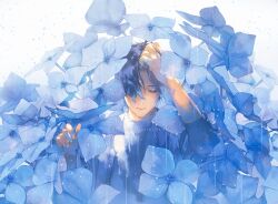 1boy :| black_hair blue_flower blue_jacket blue_shirt blue_theme closed_eyes closed_mouth day expressionless facing_viewer flower forehead hand_on_own_head jacket long_sleeves male_focus open_clothes open_jacket original outdoors overcast oversized_flower parted_bangs rain rido_(ridograph) shirt short_hair sky solo upper_body watermark
