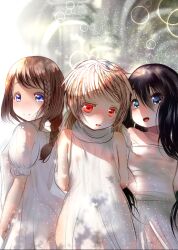 3girls ass bare_shoulders black_hair blonde_hair blue_eyes breasts brown_hair cleft_of_venus covered_erect_nipples cowboy_shot dress flat_chest kakeru_(bar_peachpit) loli long_hair multiple_girls navel original puffy_short_sleeves puffy_sleeves pussy red_eyes see-through_clothes see-through_dress see-through_skirt short_sleeves skirt sleeveless smile standing turtleneck