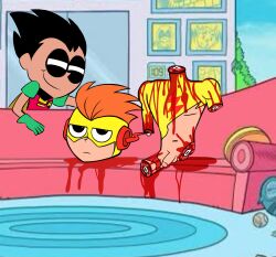 amputee blood blood_on_clothes blood_splatter corpse death decapitation dismemberment ero_guro execution guro highres murder mutilation penis quadruple_amputee robin_(dc) ryona severed_head sillywillydillydally smug teen_titans_go! wally_west yaoi