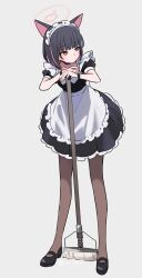 1girl animal_ears apron bent_over black_choker black_dress black_footwear black_pantyhose blue_archive blush cat_ears cat_girl choker colored_inner_animal_ears colored_inner_hair dress hair_between_eyes hairband holding holding_mop ica kazusa_(blue_archive) looking_to_the_side maid maid_apron maid_headdress medium_hair mop multicolored_hair pantyhose pink_eyes sidelocks white_apron white_hairband